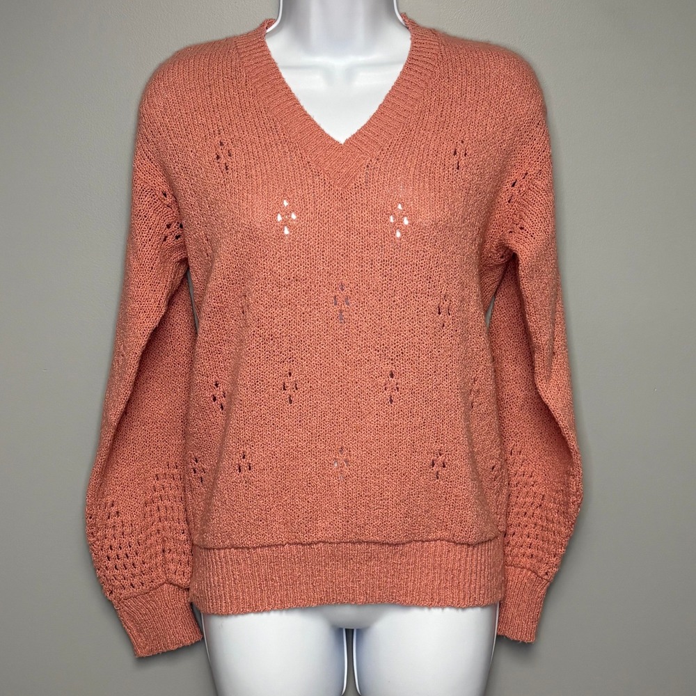 VTG It's Pure Gould Pink Pointelle Knit Ladies Union Made In US V-Neck Sweater M